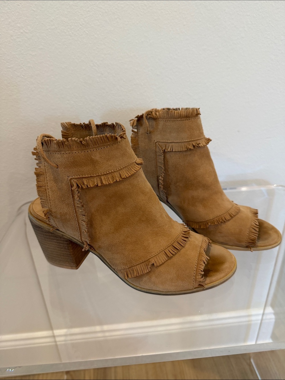 Fringed Open-Peep Toe Suede Mules in Tan
